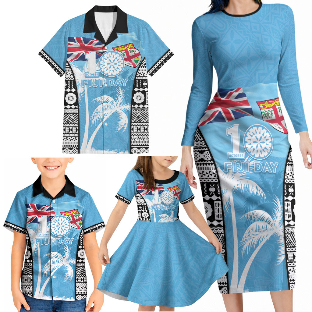Personalised Fiji Day 2026 Family Matching Long Sleeve Bodycon Dress and Hawaiian Shirt Masi Tapa Pattern With Palm Tree