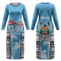 Personalised Fiji Day 2026 Family Matching Long Sleeve Bodycon Dress and Hawaiian Shirt Masi Tapa Pattern With Palm Tree LT05 Mom's Dress Blue - Polynesian Pride