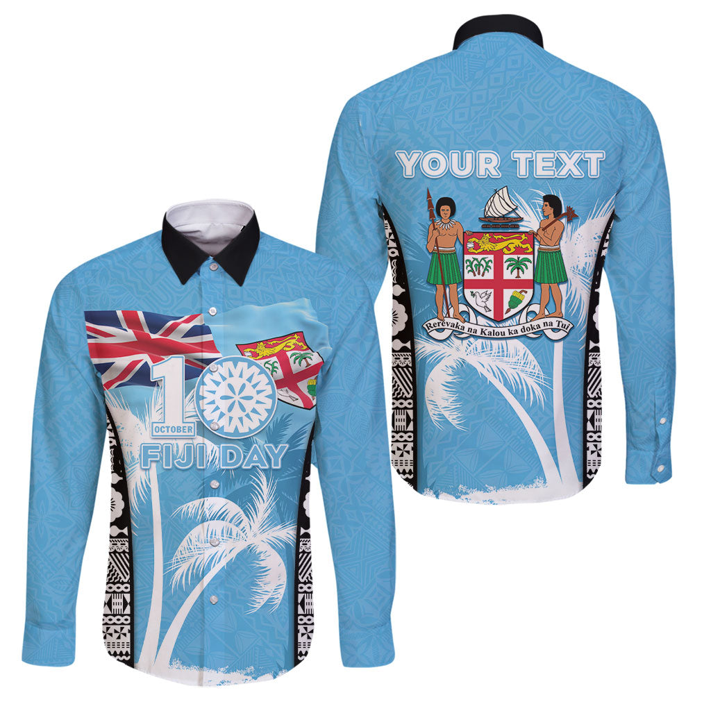 Personalised Fiji Day 2026 Family Matching Mermaid Dress and Hawaiian Shirt Masi Tapa Pattern With Palm Tree LT05 Dad's Shirt - Long Sleeve Blue - Polynesian Pride