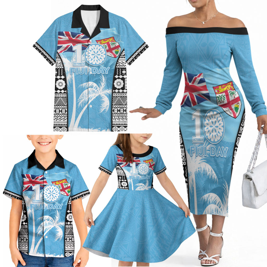 Personalised Fiji Day 2026 Family Matching Off The Shoulder Long Sleeve Dress and Hawaiian Shirt Masi Tapa Pattern With Palm Tree LT05 - Polynesian Pride