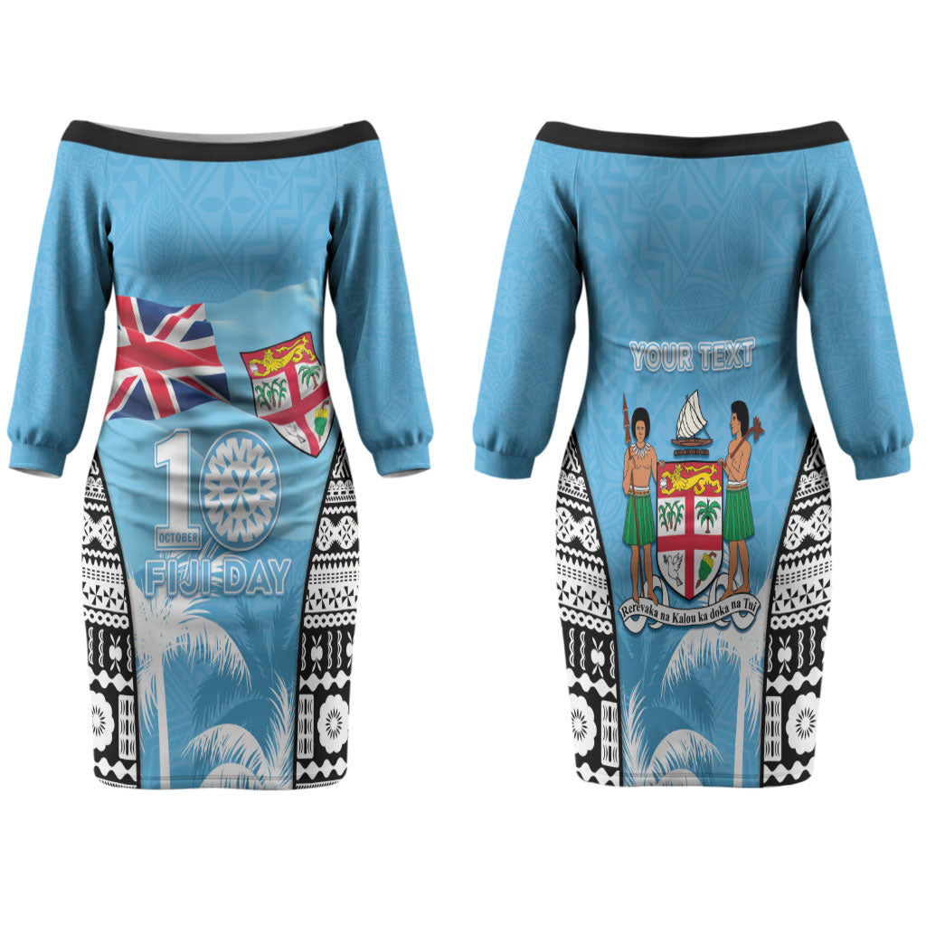 Personalised Fiji Day 2026 Family Matching Off The Shoulder Long Sleeve Dress and Hawaiian Shirt Masi Tapa Pattern With Palm Tree LT05 Mom's Dress Blue - Polynesian Pride