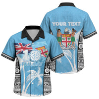 Personalised Fiji Day 2026 Family Matching Off The Shoulder Long Sleeve Dress and Hawaiian Shirt Masi Tapa Pattern With Palm Tree LT05 Son's Shirt Blue - Polynesian Pride