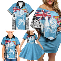 Personalised Fiji Day 2026 Family Matching Off Shoulder Short Dress and Hawaiian Shirt Masi Tapa Pattern With Palm Tree LT05 - Polynesian Pride