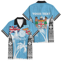 Personalised Fiji Day 2026 Family Matching Off Shoulder Short Dress and Hawaiian Shirt Masi Tapa Pattern With Palm Tree LT05 Dad's Shirt - Short Sleeve Blue - Polynesian Pride