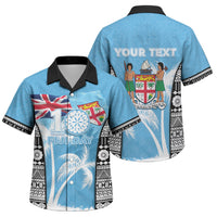 Personalised Fiji Day 2026 Family Matching Off Shoulder Short Dress and Hawaiian Shirt Masi Tapa Pattern With Palm Tree LT05 Son's Shirt Blue - Polynesian Pride