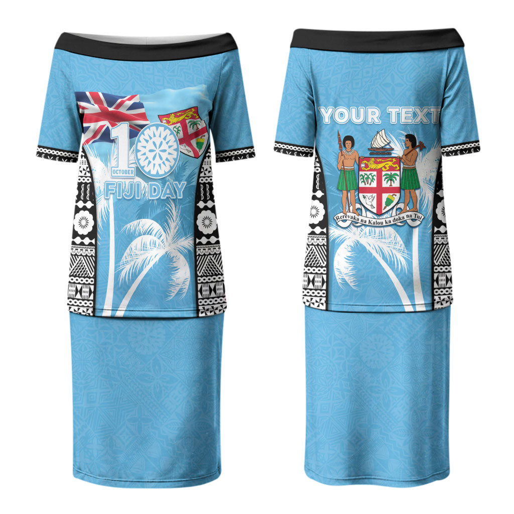 Personalised Fiji Day 2026 Family Matching Puletasi and Hawaiian Shirt Masi Tapa Pattern With Palm Tree LT05 Mom's Dress Blue - Polynesian Pride