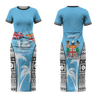 Personalised Fiji Day 2026 Family Matching Short Sleeve Bodycon Dress and Hawaiian Shirt Masi Tapa Pattern With Palm Tree LT05 Mom's Dress Blue - Polynesian Pride