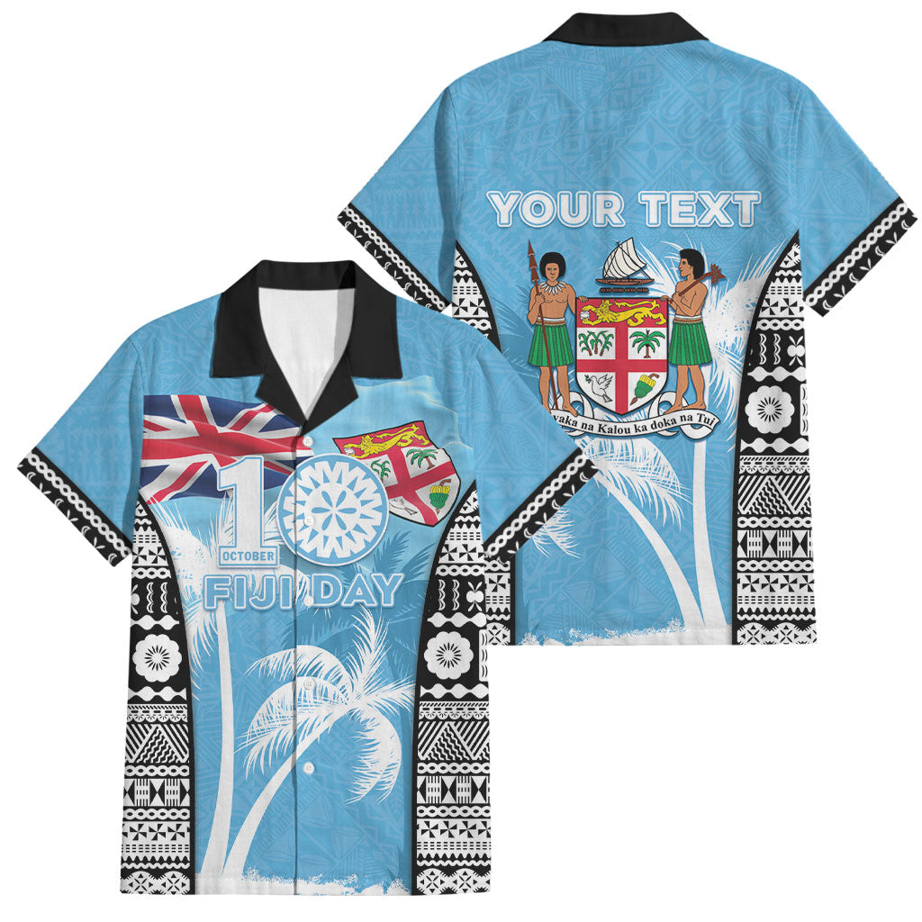 Personalised Fiji Day 2026 Family Matching Short Sleeve Bodycon Dress and Hawaiian Shirt Masi Tapa Pattern With Palm Tree LT05 Dad's Shirt - Short Sleeve Blue - Polynesian Pride