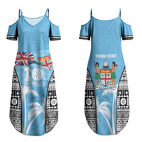 Personalised Fiji Day 2026 Family Matching Summer Maxi Dress and Hawaiian Shirt Masi Tapa Pattern With Palm Tree LT05 Mom's Dress Blue - Polynesian Pride