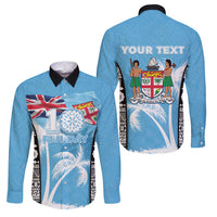 Personalised Fiji Day 2026 Family Matching Summer Maxi Dress and Hawaiian Shirt Masi Tapa Pattern With Palm Tree LT05 Dad's Shirt - Long Sleeve Blue - Polynesian Pride