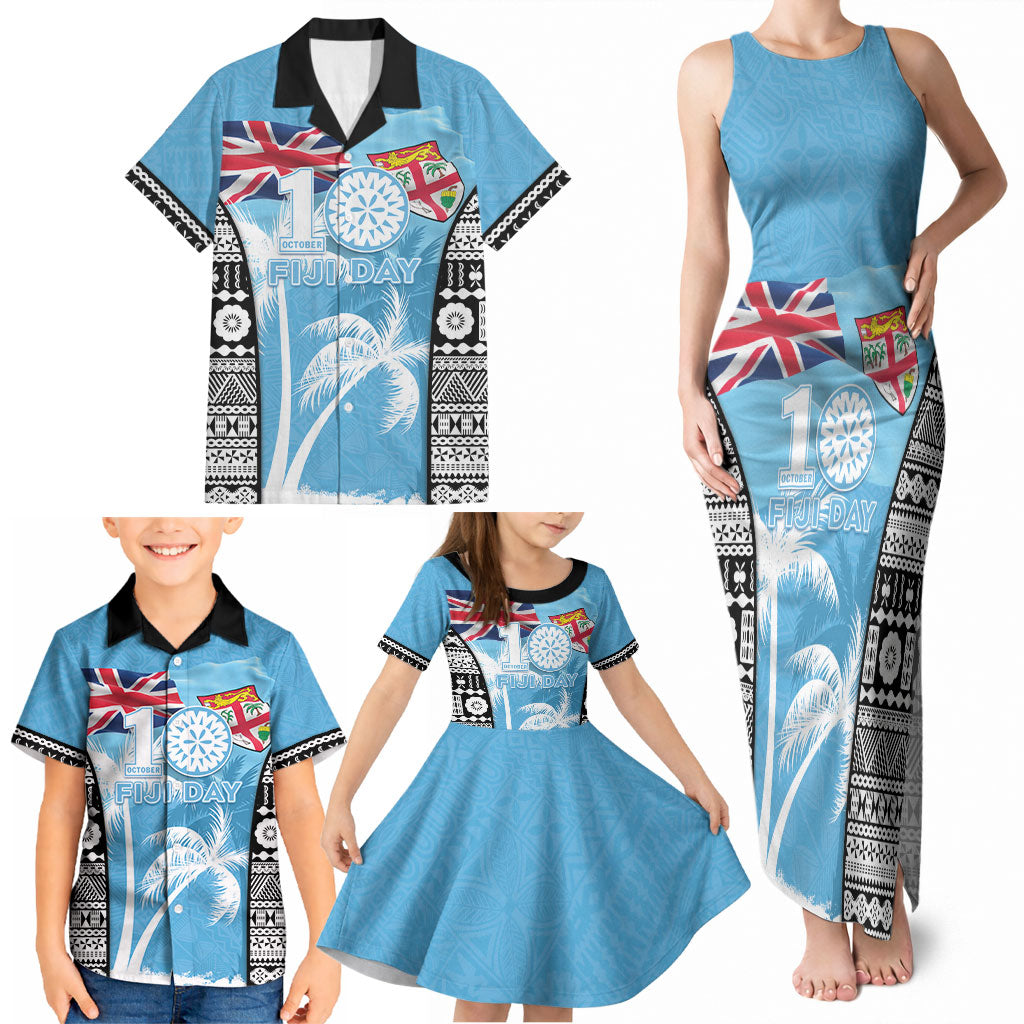 Personalised Fiji Day 2026 Family Matching Tank Maxi Dress and Hawaiian Shirt Masi Tapa Pattern With Palm Tree LT05 - Polynesian Pride