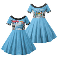 Personalised Fiji Day 2026 Family Matching Tank Maxi Dress and Hawaiian Shirt Masi Tapa Pattern With Palm Tree LT05 Daughter's Dress Blue - Polynesian Pride