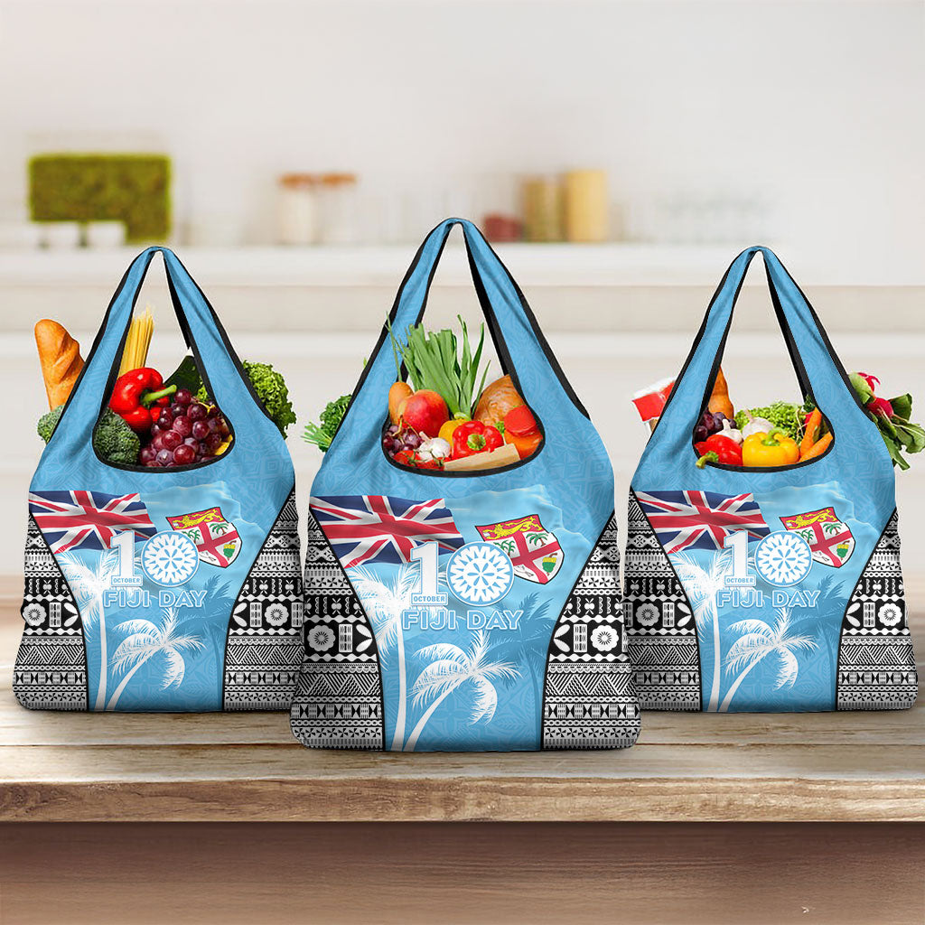 Fiji Day 2026 Grocery Bag Masi Tapa Pattern With Palm Tree LT05 3-pack One Size Blue - Polynesian Pride