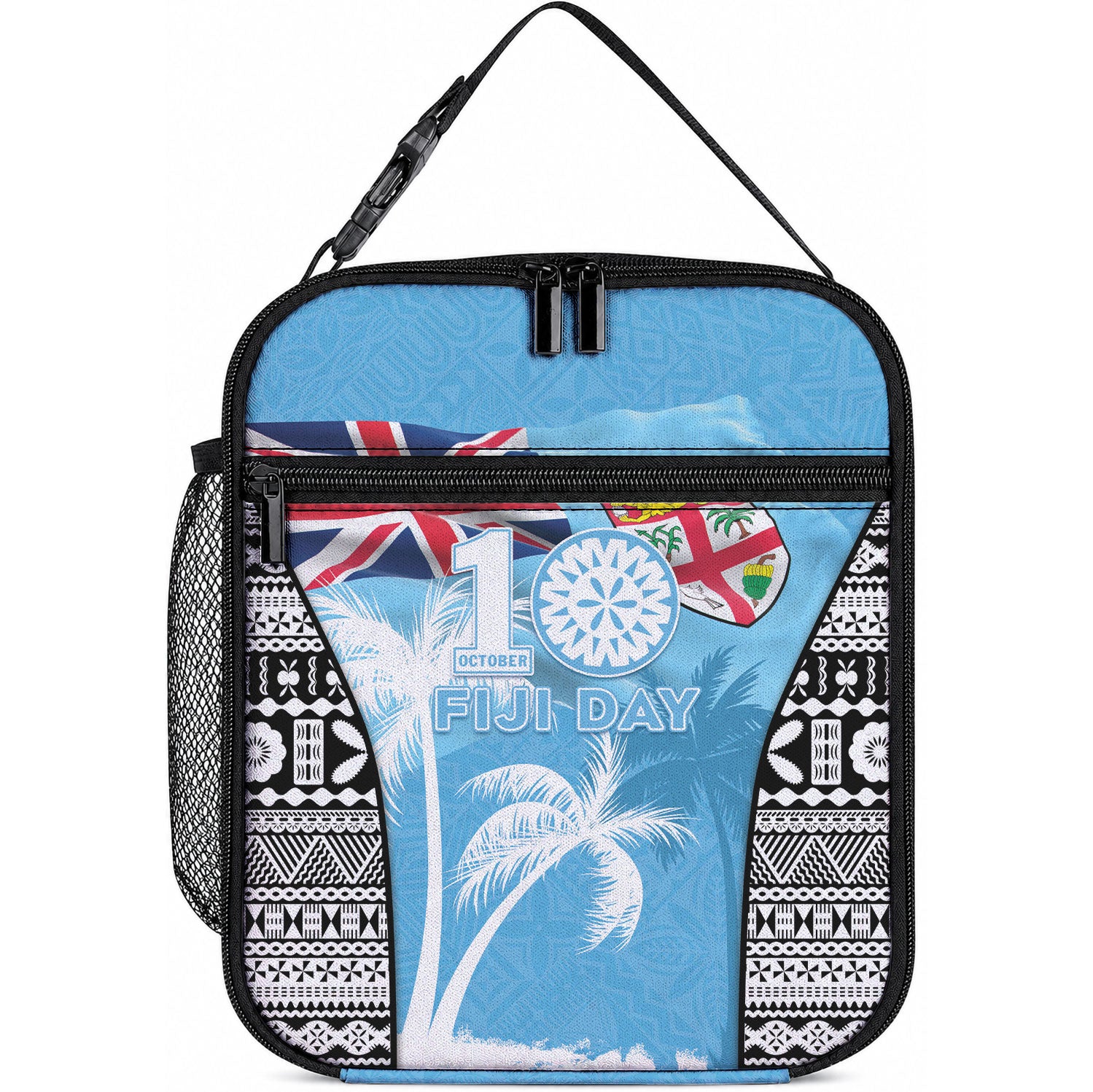 Fiji Day 2026 Lunch Bag Masi Tapa Pattern With Palm Tree LT05 10.2 × 8.3 × 4.3 inch Blue - Polynesian Pride