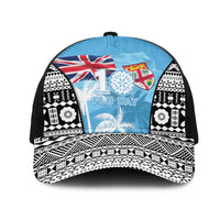 Fiji Day 2026 Mesh Trucker Cap Masi Tapa Pattern With Palm Tree LT05 One Size Black Blue - Polynesian Pride