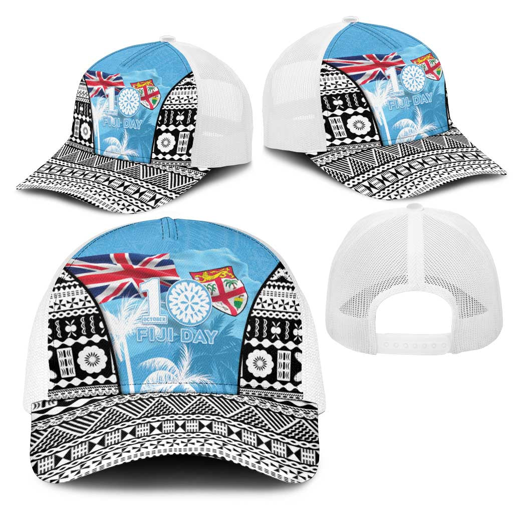 Fiji Day 2026 Mesh Trucker Cap Masi Tapa Pattern With Palm Tree LT05 - Polynesian Pride