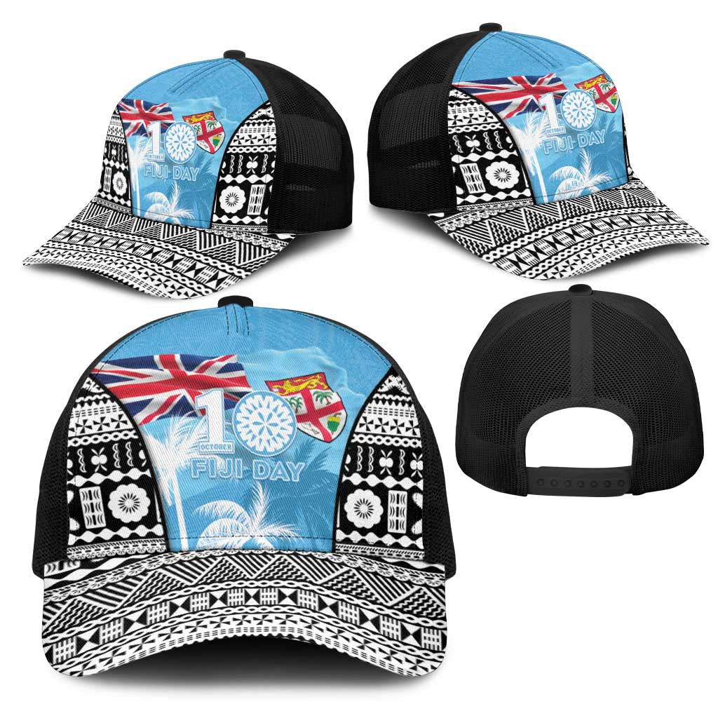 Fiji Day 2026 Mesh Trucker Cap Masi Tapa Pattern With Palm Tree LT05 - Polynesian Pride