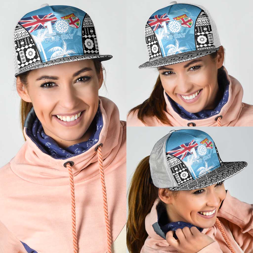 Fiji Day 2026 Mesh Trucker Cap Masi Tapa Pattern With Palm Tree LT05 - Polynesian Pride