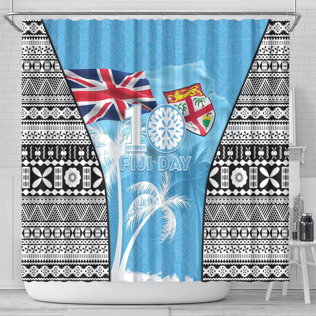 Fiji Day 2026 Shower Curtain Masi Tapa Pattern With Palm Tree LT05 - Polynesian Pride