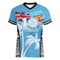 Personalised Fiji Day 2026 Women V-Neck T-Shirt Masi Tapa Pattern With Palm Tree LT05 Female Blue - Polynesian Pride