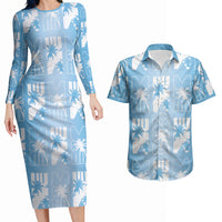 Bula Fiji Couples Matching Long Sleeve Bodycon Dress and Hawaiian Shirt Blue Makare Masi Tapa Pattern LT05 Blue - Polynesian Pride
