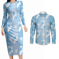 Bula Fiji Couples Matching Long Sleeve Bodycon Dress and Long Sleeve Button Shirt Blue Makare Masi Tapa Pattern LT05 Blue - Polynesian Pride