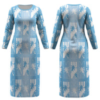 Bula Fiji Couples Matching Long Sleeve Bodycon Dress and Long Sleeve Button Shirt Blue Makare Masi Tapa Pattern LT05 - Polynesian Pride