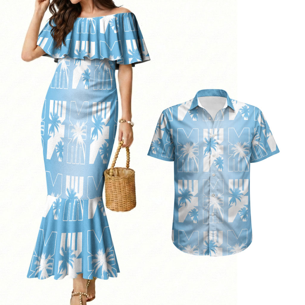 Bula Fiji Couples Matching Mermaid Dress and Hawaiian Shirt Blue Makare Masi Tapa Pattern LT05 Blue - Polynesian Pride