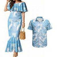 Bula Fiji Couples Matching Mermaid Dress and Hawaiian Shirt Blue Makare Masi Tapa Pattern LT05 Blue - Polynesian Pride