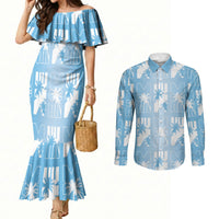 Bula Fiji Couples Matching Mermaid Dress and Long Sleeve Button Shirt Blue Makare Masi Tapa Pattern LT05 Blue - Polynesian Pride
