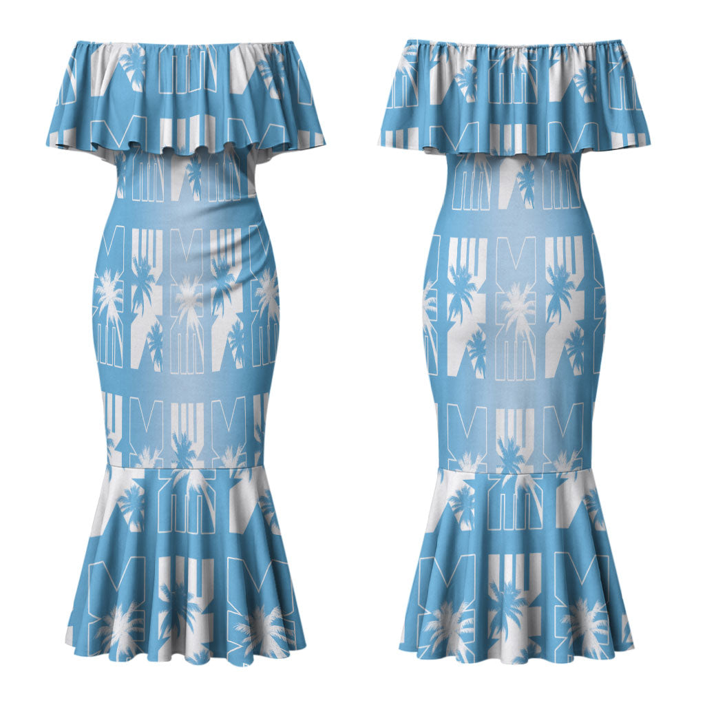Bula Fiji Couples Matching Mermaid Dress and Long Sleeve Button Shirt Blue Makare Masi Tapa Pattern LT05 - Polynesian Pride