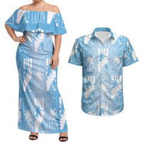 Bula Fiji Couples Matching Off Shoulder Maxi Dress and Hawaiian Shirt Blue Makare Masi Tapa Pattern LT05 Blue - Polynesian Pride