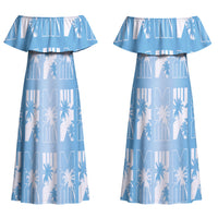 Bula Fiji Couples Matching Off Shoulder Maxi Dress and Hawaiian Shirt Blue Makare Masi Tapa Pattern LT05 - Polynesian Pride