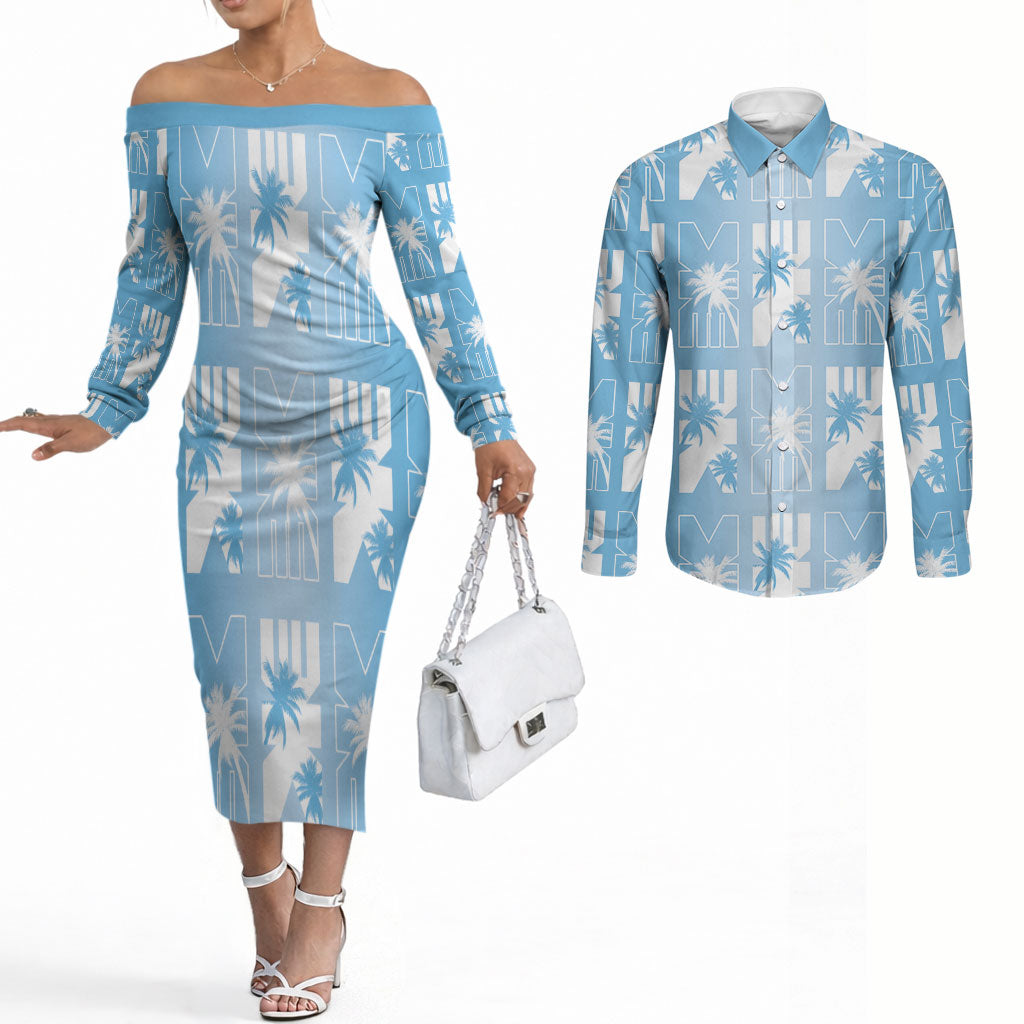 Bula Fiji Couples Matching Off The Shoulder Long Sleeve Dress and Long Sleeve Button Shirt Blue Makare Masi Tapa Pattern LT05 Blue - Polynesian Pride