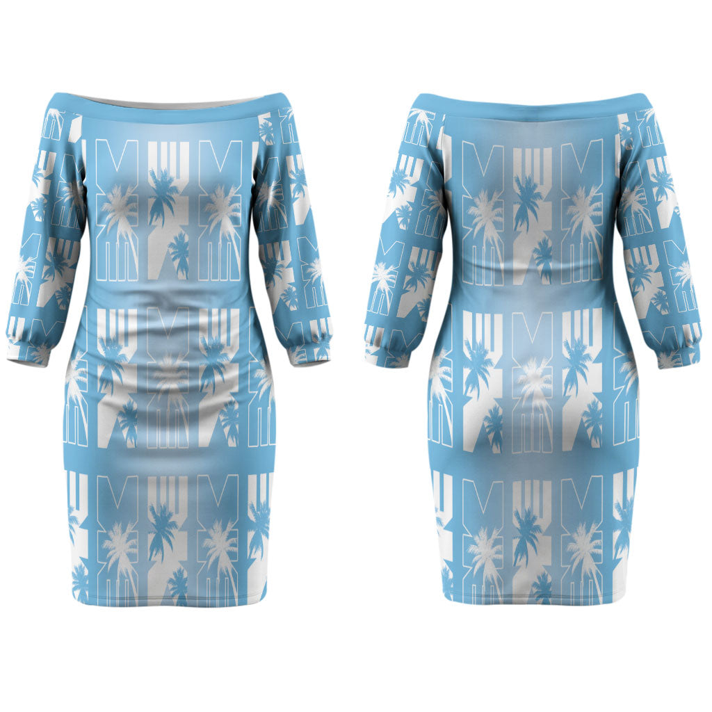 Bula Fiji Couples Matching Off The Shoulder Long Sleeve Dress and Long Sleeve Button Shirt Blue Makare Masi Tapa Pattern LT05 - Polynesian Pride