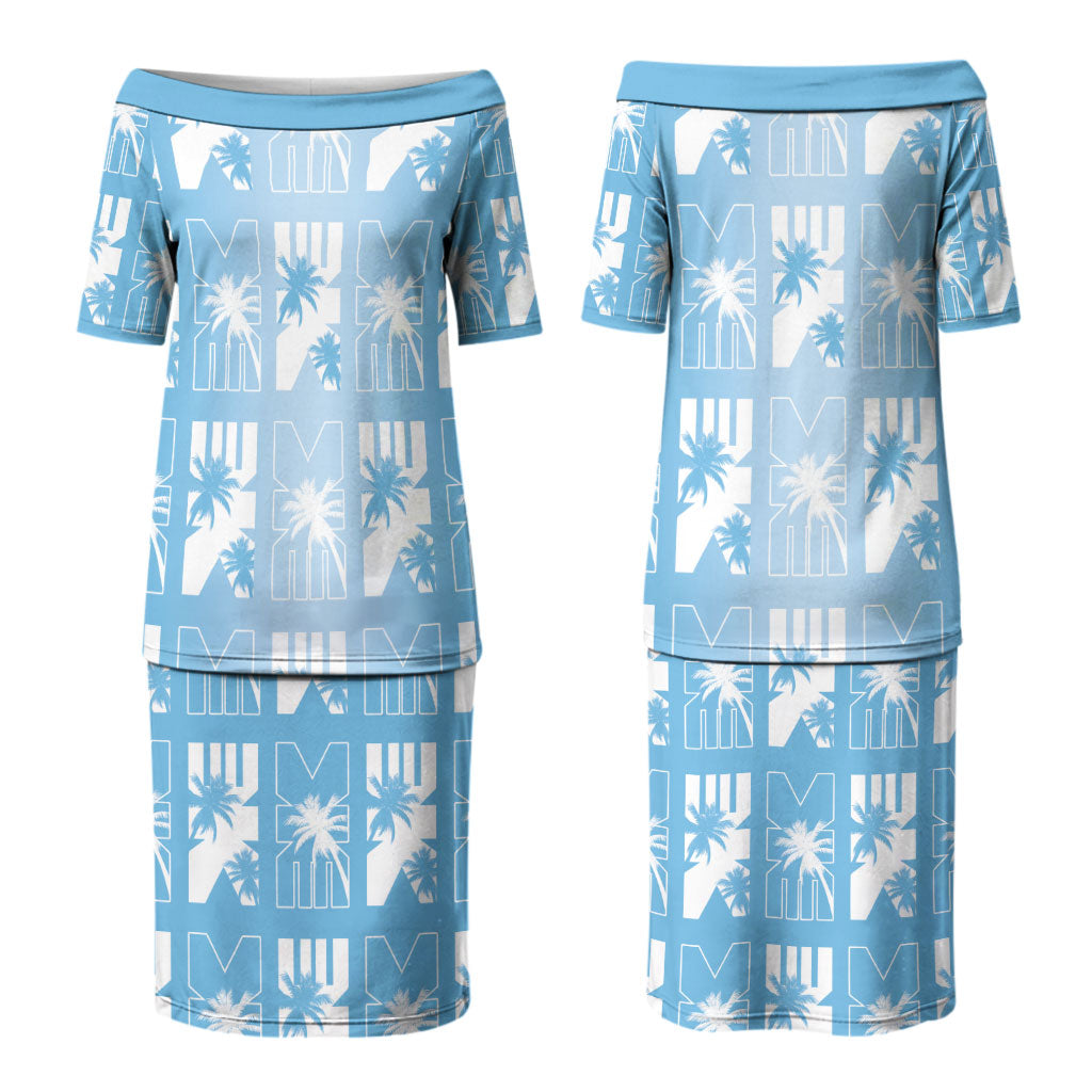 Bula Fiji Couples Matching Puletasi and Hawaiian Shirt Blue Makare Masi Tapa Pattern LT05 - Polynesian Pride