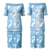 Bula Fiji Couples Matching Puletasi and Long Sleeve Button Shirt Blue Makare Masi Tapa Pattern LT05 - Polynesian Pride