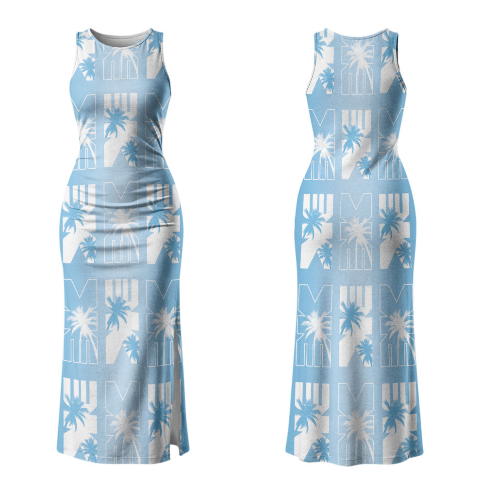 Bula Fiji Couples Matching Tank Maxi Dress and Long Sleeve Button Shirt Blue Makare Masi Tapa Pattern LT05 - Polynesian Pride