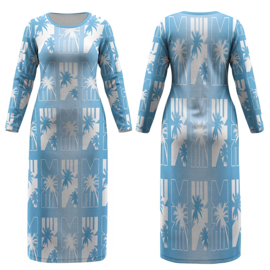 Bula Fiji Family Matching Long Sleeve Bodycon Dress and Hawaiian Shirt Blue Makare Masi Tapa Pattern LT05 Mom's Dress Blue - Polynesian Pride