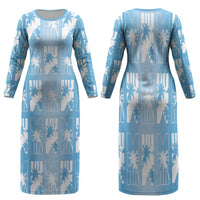 Bula Fiji Family Matching Long Sleeve Bodycon Dress and Hawaiian Shirt Blue Makare Masi Tapa Pattern LT05 Mom's Dress Blue - Polynesian Pride