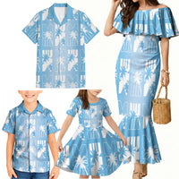 Bula Fiji Family Matching Mermaid Dress and Hawaiian Shirt Blue Makare Masi Tapa Pattern LT05 - Polynesian Pride