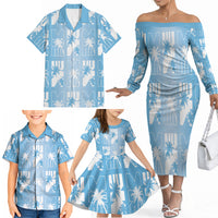 Bula Fiji Family Matching Off The Shoulder Long Sleeve Dress and Hawaiian Shirt Blue Makare Masi Tapa Pattern LT05 - Polynesian Pride