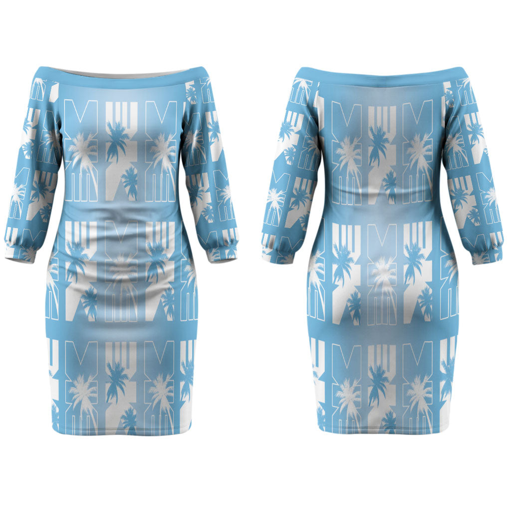 Bula Fiji Family Matching Off The Shoulder Long Sleeve Dress and Hawaiian Shirt Blue Makare Masi Tapa Pattern LT05 Mom's Dress Blue - Polynesian Pride