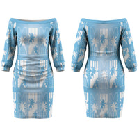 Bula Fiji Family Matching Off The Shoulder Long Sleeve Dress and Hawaiian Shirt Blue Makare Masi Tapa Pattern LT05 Mom's Dress Blue - Polynesian Pride