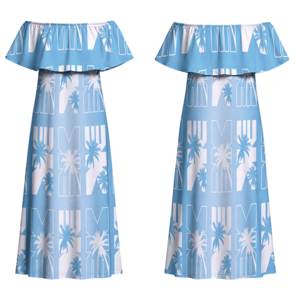 Bula Fiji Family Matching Off Shoulder Maxi Dress and Hawaiian Shirt Blue Makare Masi Tapa Pattern LT05 Mom's Dress Blue - Polynesian Pride