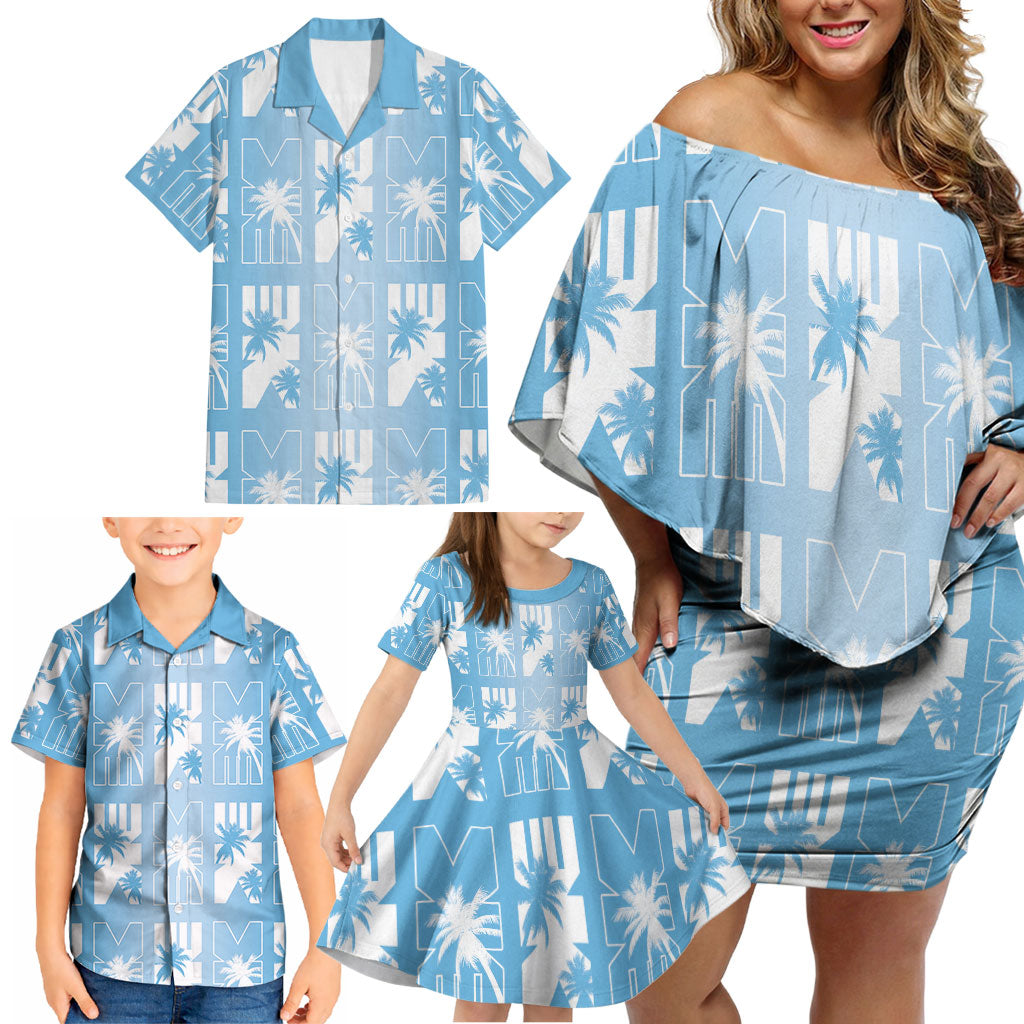 Bula Fiji Family Matching Off Shoulder Short Dress and Hawaiian Shirt Blue Makare Masi Tapa Pattern LT05 - Polynesian Pride