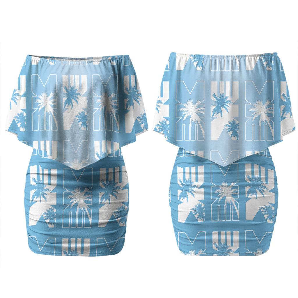 Bula Fiji Family Matching Off Shoulder Short Dress and Hawaiian Shirt Blue Makare Masi Tapa Pattern