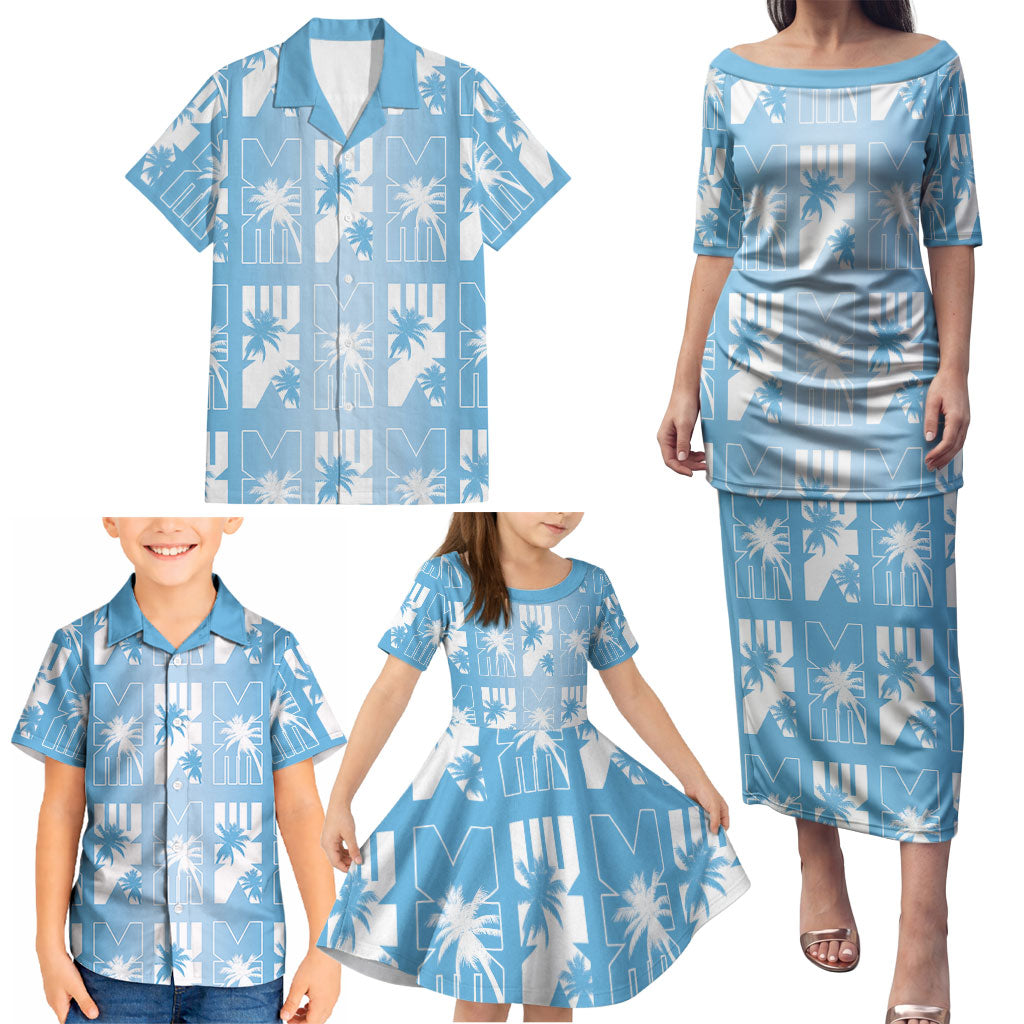Bula Fiji Family Matching Puletasi and Hawaiian Shirt Blue Makare Masi Tapa Pattern LT05 - Polynesian Pride