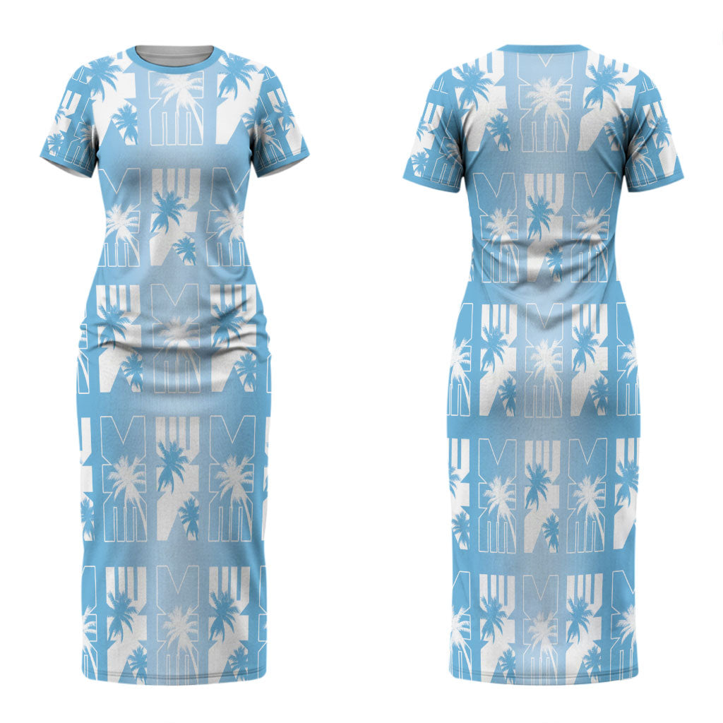 Bula Fiji Family Matching Short Sleeve Bodycon Dress and Hawaiian Shirt Blue Makare Masi Tapa Pattern LT05 Mom's Dress Blue - Polynesian Pride