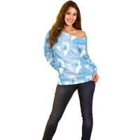 Bula Fiji Off Shoulder Sweater Blue Makare Masi Tapa Pattern LT05 - Polynesian Pride